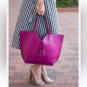 Neiman Marcus Faux Leather Fuchsia Pink Tote Handbag Shoulder Bag with Tassels